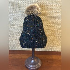 Black Confetti Cable Knit Beanie Cotton Blend Faux Fur Pom